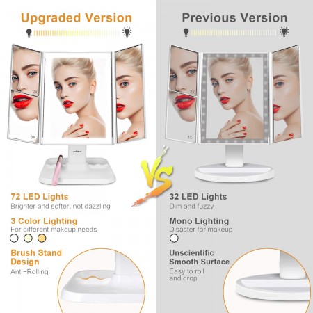 Makeup Vanity Mirror with Lights, AirExpect 72 LEDs Trifold Makeup Mirror with 3-Color Lights, 1X/2X/3X Magnifications, Touch Panel, and Dual Power Supply, Portable HD Cosmetic Lighted Mirror 